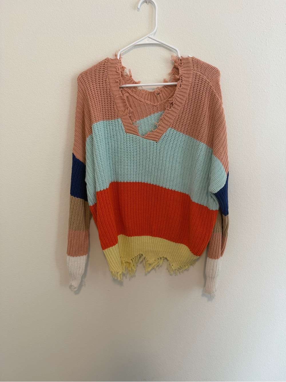 Women’s Multi-Color Distressed V-Neck Sweater